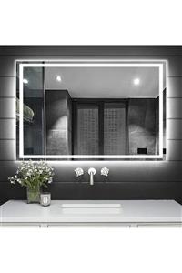 NUUN DEKOR 80x60cm Beyaz Ledli Dekoratif Banyo Aynası Kumlamalı Duvar Aynası Prizli