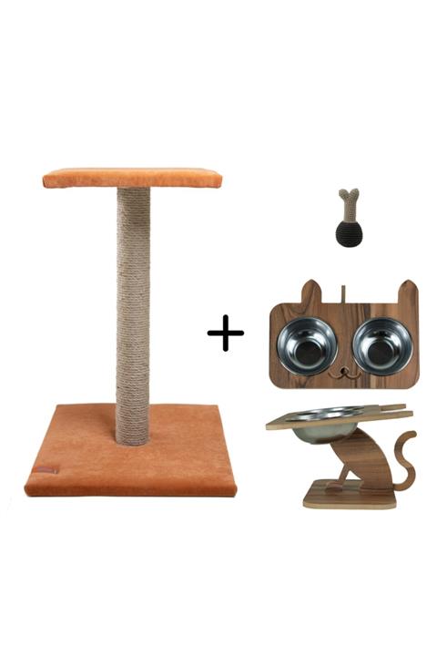 PUGALO Platform Tırmalama Tahtası & Ahşap Mama Su Kabı & Catnipli El Örgüsü Kedi Oyuncağı