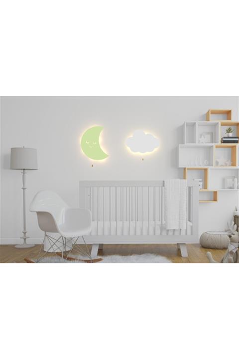 woodcas Çocuk Odası Dekoratif Pastel Yeşil Aydede Ve Bulut Gece Lambası Seti 2 Led Aydınlatma