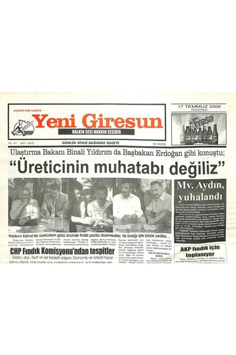 Gökçe Koleksiyon Yeni Giresun Gazetesi 17 Temmuz 2006 -