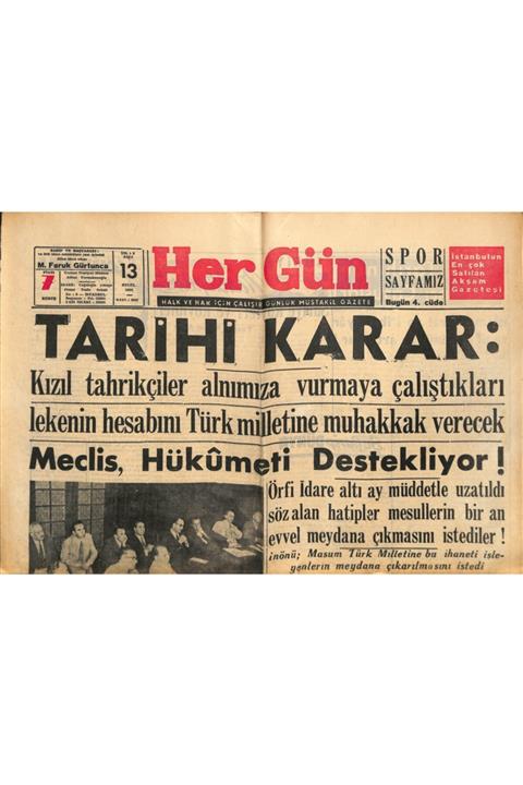 Gökçe Koleksiyon Hergün Gazetesi 13 Eylül 1955 - Islam Tarihinde Yabancı Casuslar