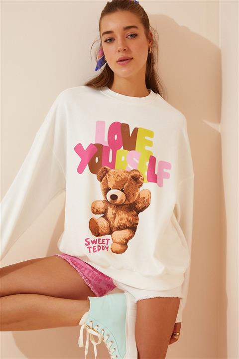 Happiness İst. Kadın Ekru Baskılı Mevsimlik Sweatshirt HF00290