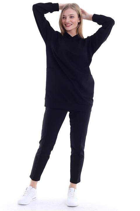 MODANESS Kadın Siyah Cepli Kapüşonlu Eşofman Takım 9045