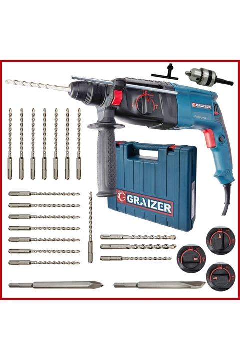 Graizer Alman Pro-3000 Watt Kırıcı Delici 5.0 Joul Sjs Metal Dişli Darbeli Matkap + Yedek Mandren + 20 Uç