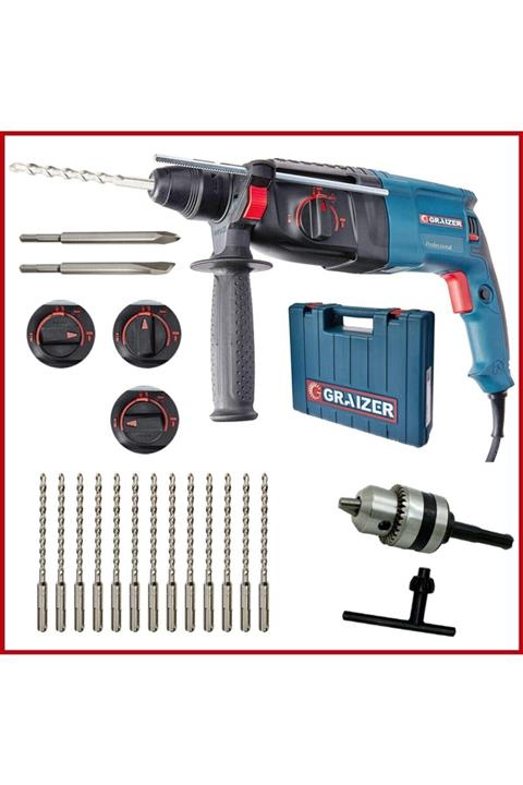 Graizer Alman 3000 Watt Kırıcı Delici Sjs Metal Dişli Şanzuman Hilti Darbeli Matkap + Yedek Mandren + 15 Uç