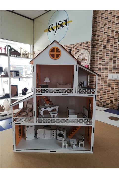 eysa lazer kesim ve tasarım Ahşap Barbie Oyun Evi 60cm Turuncu-beyaz