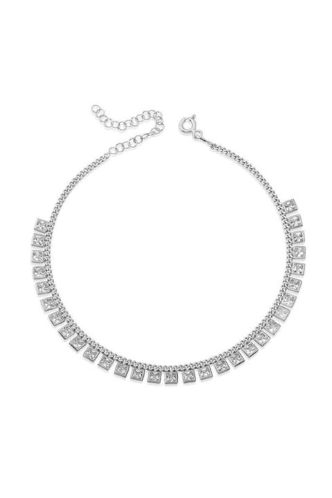 Candie Silver Gurmet Zincirli Kare Zirkon Taşlı Rodyum Kaplama 925 Ayar Gümüş Halhal