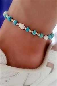 OSESHOP Turkuaz Taşlı Deniz Kabuğu Ve Incili 925 Ayar Gümüş Detaylı Halhal