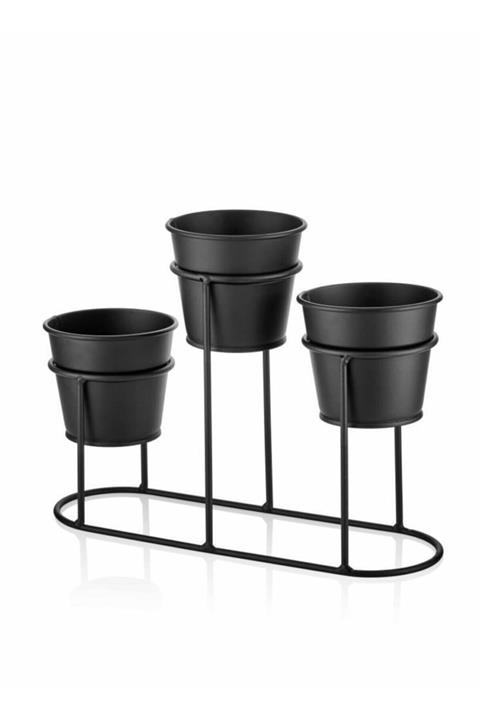 The Mia Galvaniz Standlı 3'lü Saksı/çiçeklik Seti Siyah Sks0031