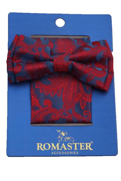 ROMASTER Lacivert Renk Şal Desenli Mendilli Papyon