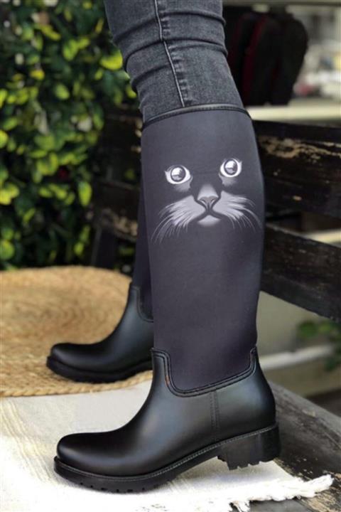 GNY AYAKKABI Kadın Gri Siyah Kedili Yağmur Çizmesi
