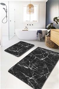 EVİMOD Dark Marble Siyah Mermer Yıkanabilir 2li Banyo Halısı Paspas Klozet Takımı