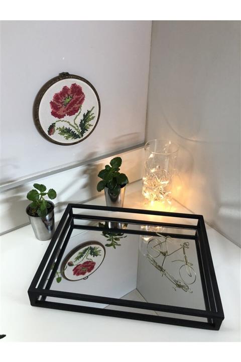 Metal Dekor Ankara Siyah Aynalı Tepsi - Dekoratif Tepsi - Siyah Dikdörtgen Profil Büyük Boy (MH000020)