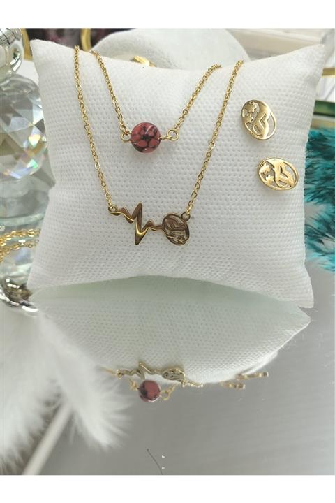 MAVİ BONCUK AKSESUAR Kırmızı Taşlı Çelik Kolye Küpe Takımı