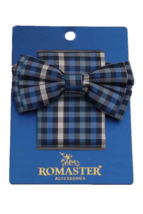 ROMASTER Mavi Lacivert Renk Ekoseli Mendilli Papyon
