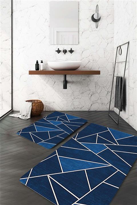 Evsebu Çizgili Beyaz Mavi Banyo Paspası