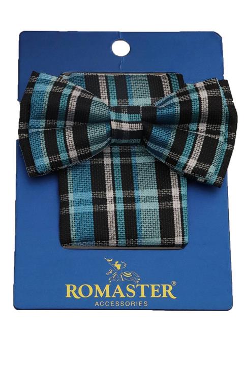 ROMASTER Turkuaz Siyah Renk Ekoseli Mendilli Papyon
