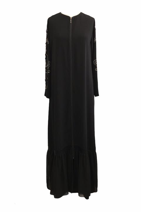 Moodbasic Kadın Siyah Etek Ucu Şifonlu Taşlı Ferace