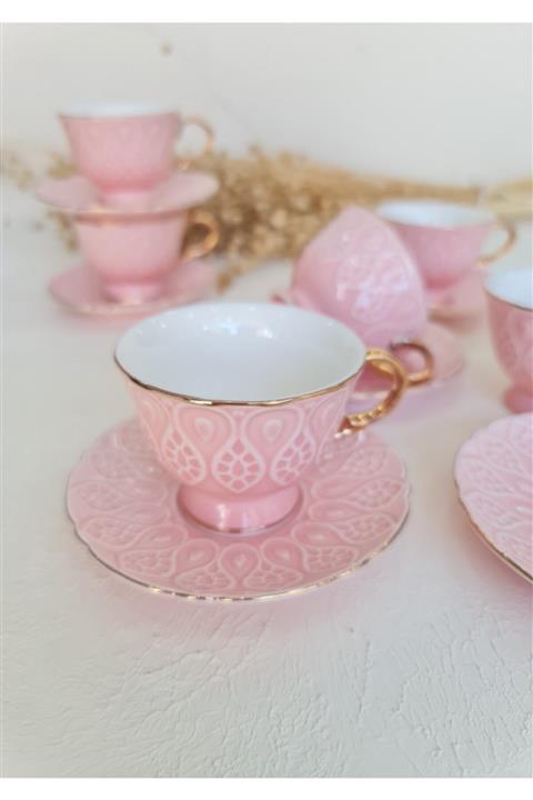 GULHANILE Porselen 6 Kişilk Yaldızlı Pembe Lüx Kahve Fincan Takımı