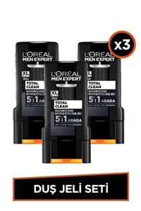 L'Oreal Paris Men Expert Total Clean 5'i 1 Arada Kömürlü Duş Jeli 300 Ml 3'lü Set