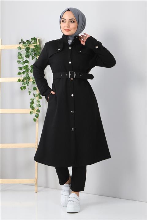 Modamihram Düğmeli Kemerli Kaşe Kaban Siyah