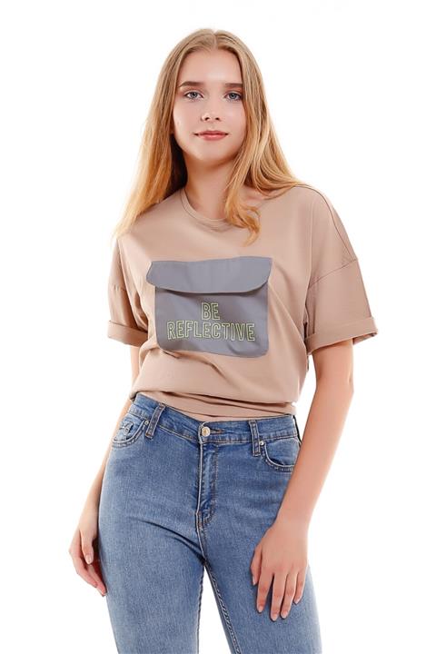 Masorte Kadın Bej Reflektör Cepli Model Pamuk T-shirt