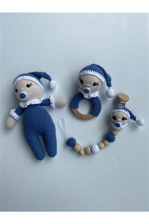 Jaju Baby Amigurumi Emzikli Bebek 22 Cm Çıngırak Ve Emzik Zinciri Üçlü Set