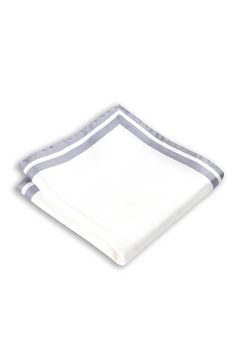 1001 Kravat Gri Kenar Çizgili Beyaz Renkli 33x33 Cm Ölçülerinde Ipek Cep Mendili