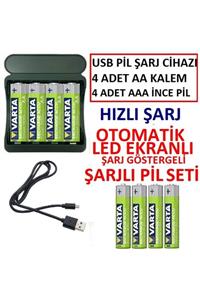 AVES Avec Av-c9023l Aa/aaa 4lü Otomatik-usb Şarj Cihazı+4 Adet Varta Aa Kalem Pil+4 Adet Aaa Ince Pil