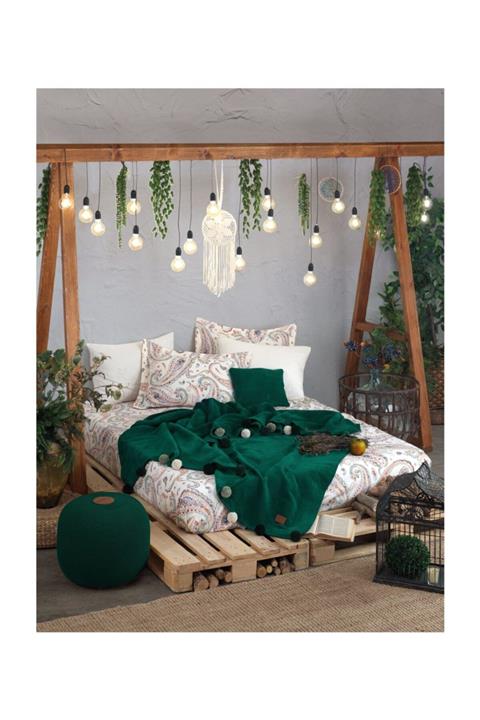 İyi Geceler İstanbul Boho Chic Çift Kişilik Battaniye Takımı - Zümrüt Yeşili