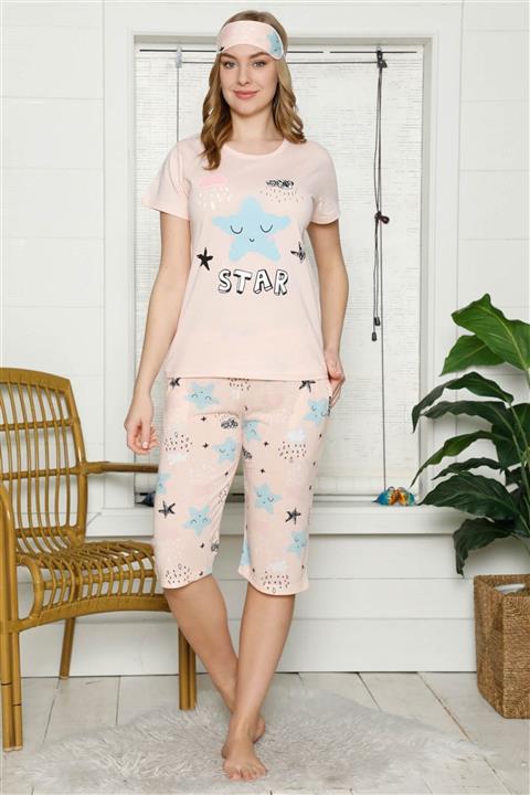Moda Çizgi Kadın %100 Pamuk Penye Kısa Kol Kapri Pijama Takım 3534
