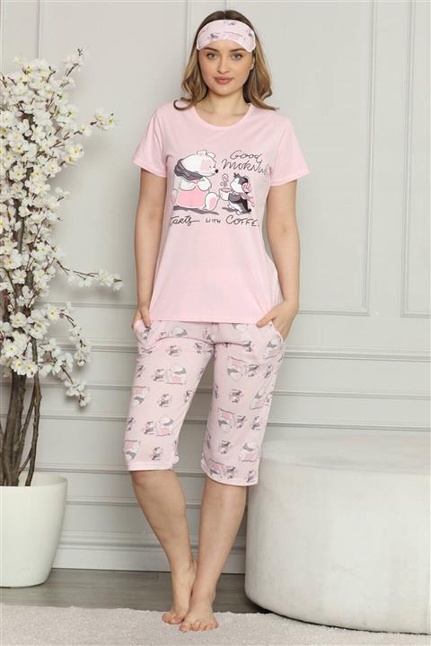 Moda Çizgi Kadın Pembe Penye Kısa Kol Kapri Pijama Takım 3530