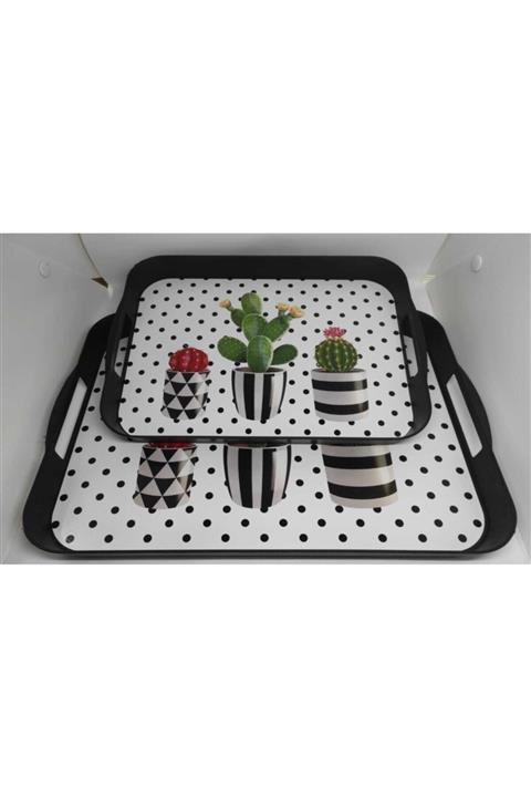 Minty Life 2 Parça Kaktüs Desen (39 CM) Dikdörtgen Dekorlu Tepsi Ve (31 CM) Kahve Tepsi Set