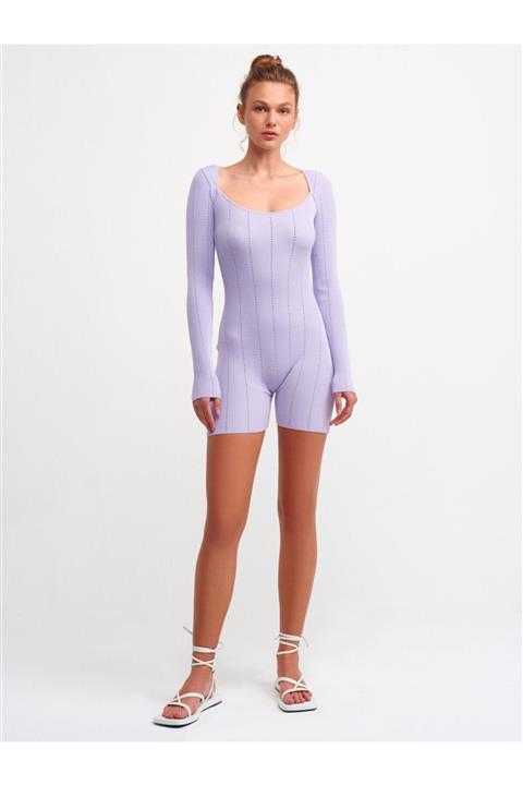 Dilvin 1060 Havuz Yaka Fitilli Kısa Tulum Lila