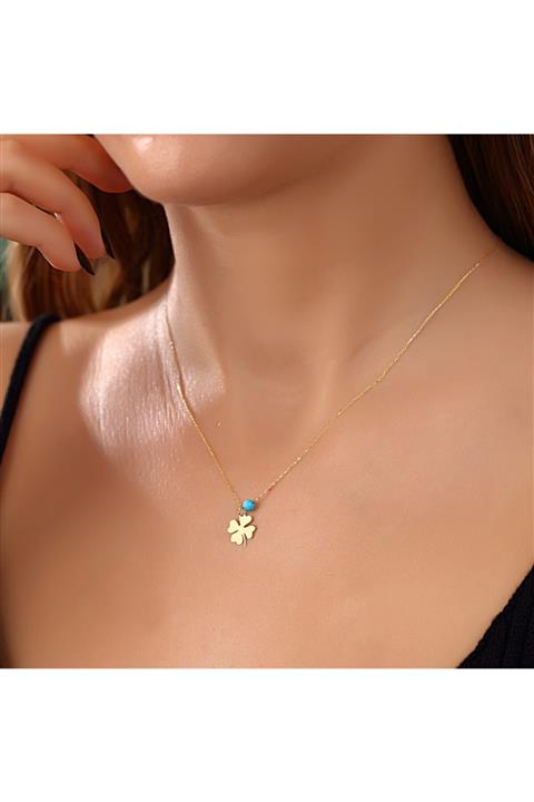 Glorria Kadın Altın Turkuaz Yonca Kolye SV0084