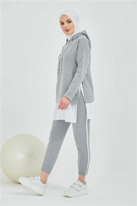 BURCU TESETTÜR Kadın Gri Yandan Yırtmaçlı Eşofman Takımı Btc1020