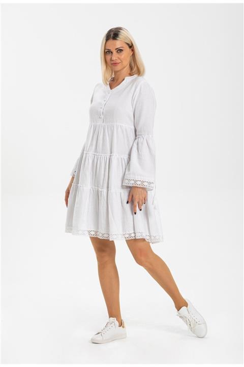 Eliş Şile Bezi Uzun Kol Pazen Seçil Kısa Elbise Beyaz