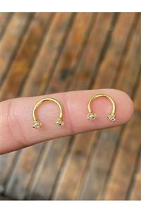 TAKIKRALI Çift Tek Taşlı Gold Yarım Halka Septum Burun Kulak Piercing