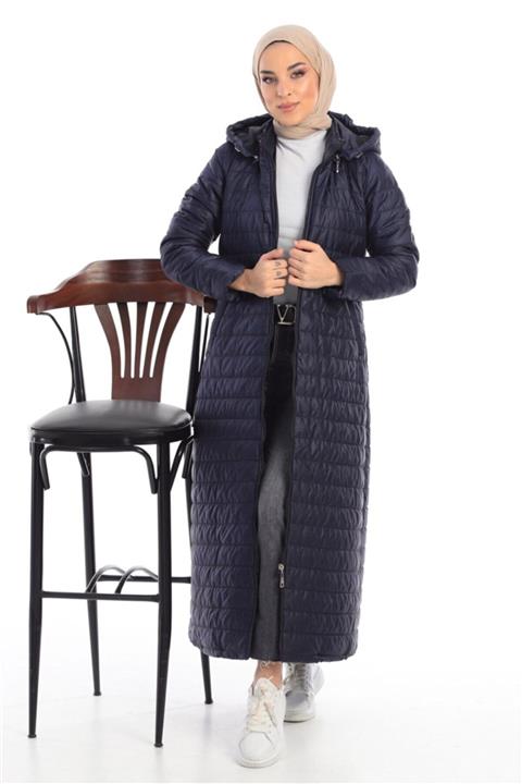 ModaBerfu Dik Yaka Kapşonlu Uzun Kaban 1004 Lacivert