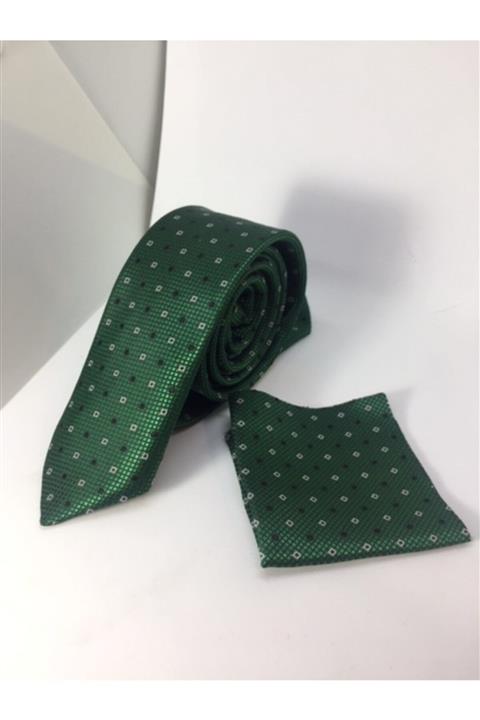 Tezgah İstanbul Yeşil Desenli Kravat Mendil Seti