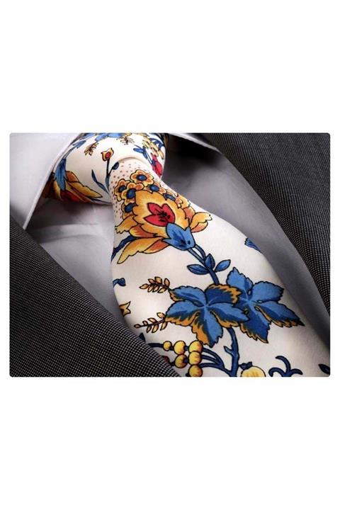 Exve Exclusive Erkek Mavi Sarı Çiçek Desenli Bej Kravat