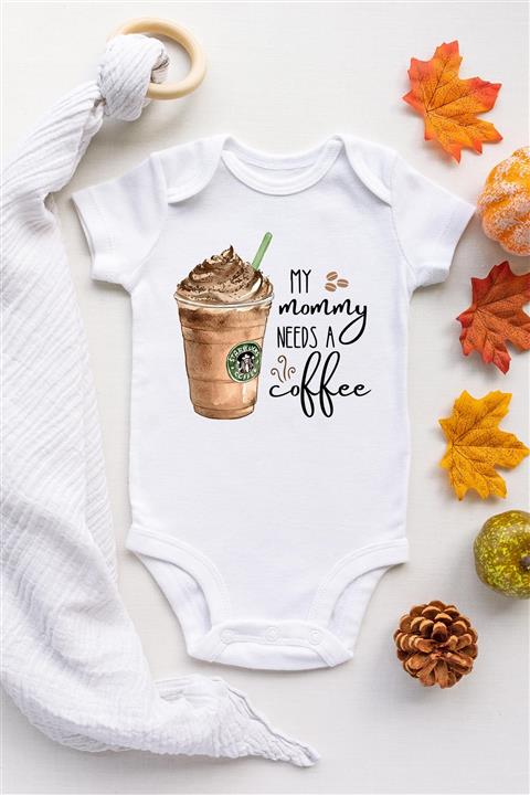 Happy Onesie Co Unisex Bebek Beyaz Mommy Needs Coffee Frappe Kısa Kollu Çıtçıtlı Body