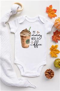 Happy Onesie Co Unisex Bebek Beyaz Mommy Needs Coffee Frappe Kısa Kollu Çıtçıtlı Body