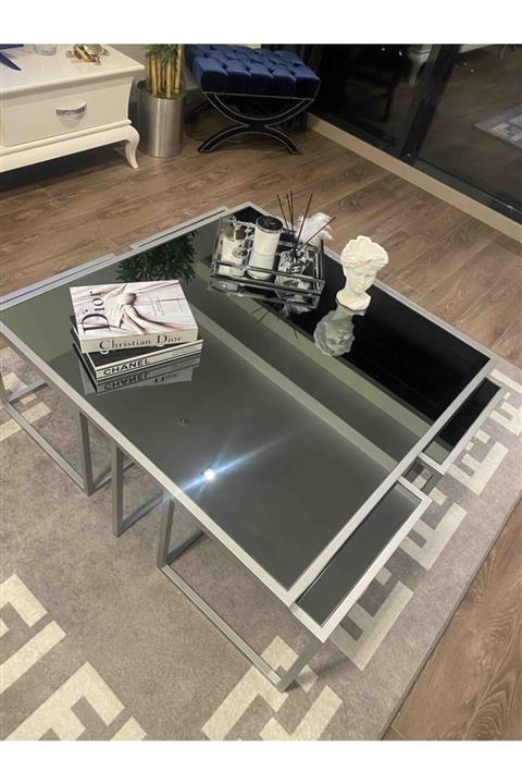 Atolly Home Metal 5 Parça Gümüş Gri Orta Sehpa