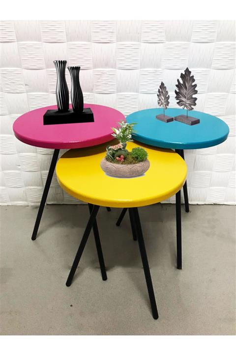 STONE CONCEPT MOBİLYA 3lü Zigon Sehpa Mdf Sarı Mavi Fuşya Üçlü Servis Sehpası Gökkuşağı Yan Sehpa