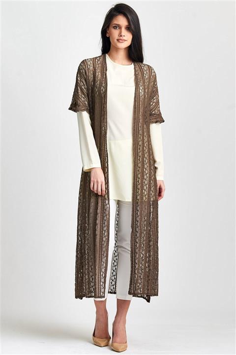 Esswaap Kadın Kahverengi  Dantel Uzun Yelekli Takım
