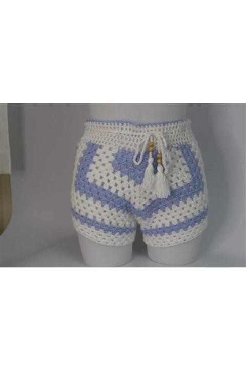 AkcaHomeDesign Mavi/beyaz Örgü Deniz Şort