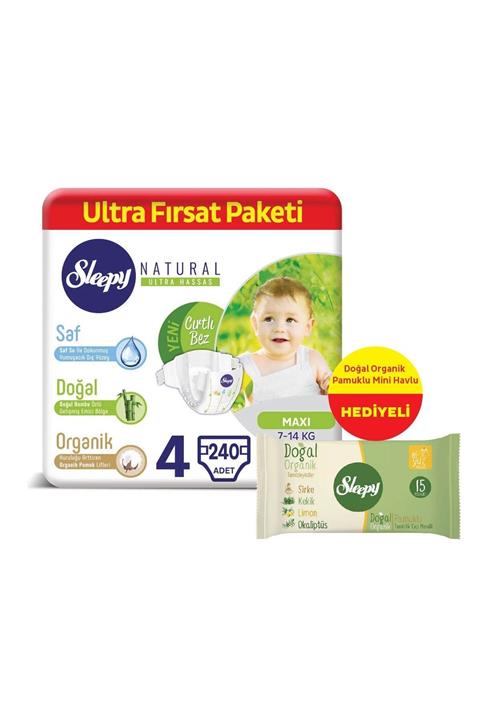 Sleepy Natural Bebek Bezi 4 Numara Maxi 240 Adet + Islak Havlu Hediyeli