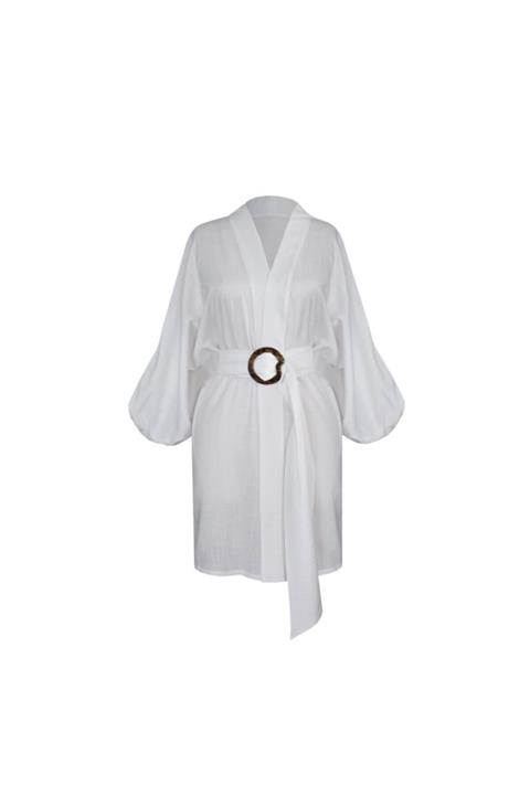 GRACE&KELLY Beyaz Keten Balon Kollu Mini Kimono