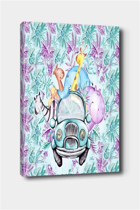 Osso Halı Arabalı Renkli Hayvanlar Desenli Dekoratif Çocuk Bebek Odası Kanvas Tablo 50x70 cm